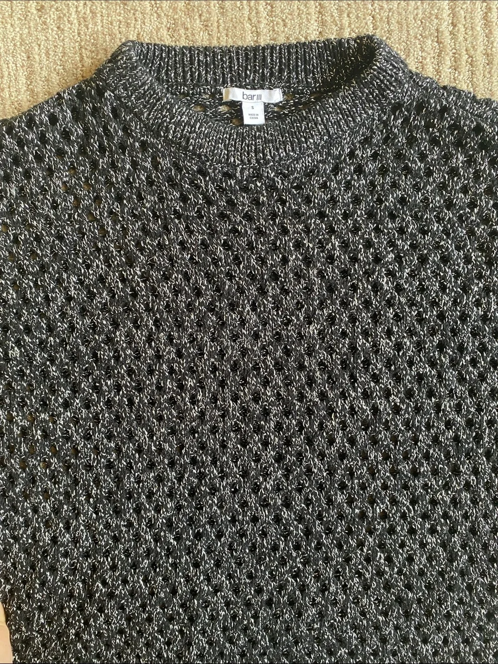 Bar III Metallic Silver and Black Crochet Crewneck Oversized Slouchy Sweater